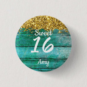Sweet 16 Gold Glitzer Girly Turquoise Name Button