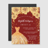 Sweet 16 Gold Glitzer Kleid Rose Luxus Magneteinladung (Vorne/Hinten)