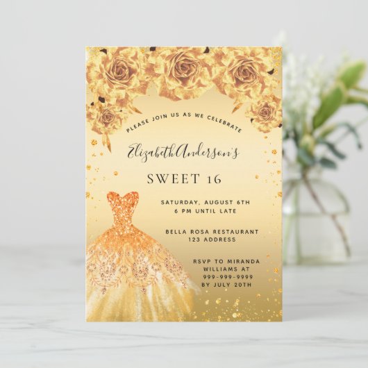 Sweet 16 Gold Glitzer Kleidung Rose Einladung (Stehend Vorderseite)