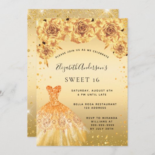 Sweet 16 Gold Glitzer Kleidung Rose Einladung (Vorne/Hinten)
