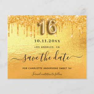 Sweet 16 Gold Glitzer Tropfen Save the Date Flyer