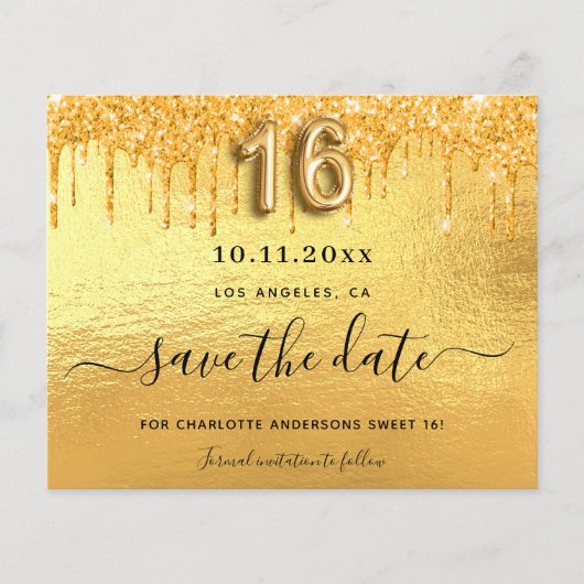 Sweet 16 Gold Glitzer Tropfen Save the Date Flyer (Vorne)