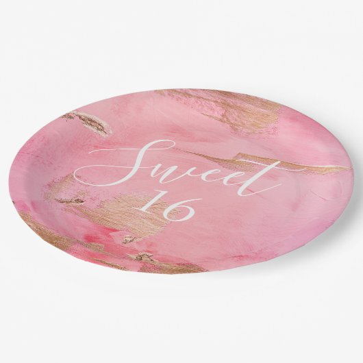 Sweet 16 Gold Pink Abstrakt Wasserfarbe Pappteller (Schrägansicht)