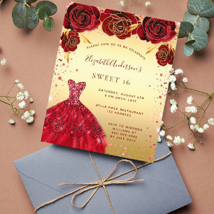 Sweet 16 Gold Rot Glitzer Kleidung Einladung Flyer