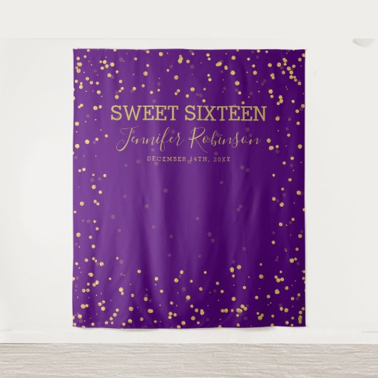 Sweet 16 Gold- und Lila Glitzer Dots Hintergrund Wandteppich (Vorderseite)