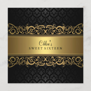 Sweet 16   Gold- und schwarze Damast-Einladung Einladung