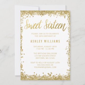 Sweet 16 Gold White Imitate Glitzer Geburtstag Einladung