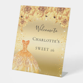 Sweet 16 goldene Glitzer-Kleiderfloralen willkomme Sockelschild