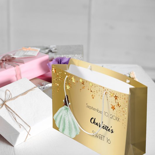 Sweet 16 goldene Sterne grünes Kleid Große Geschenktüte