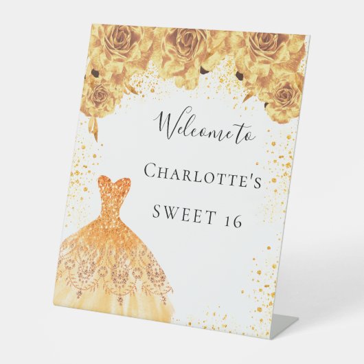 Sweet 16 goldfarbene Kleiderfloralen Party Empfang Sockelschild (Vorderseite)