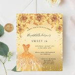 Sweet 16 Goldkleidung Blume Haushaltseinladung<br><div class="desc">Eine moderne,  stilvolle und glamouröse Einladung zu einer Sweet 16. Geburtstagsfeier. Ein Imitat goldener Hintergrund mit Imitaten goldenen Glitzer Staub,  ein Kleid und Rose,  Blumensträuße. Der Name ist mit einem modernen handgeschriebenen Stilskript geschrieben. Personalisieren Sie Ihre Party-Daten und fügen Sie sie hinzu.</div>