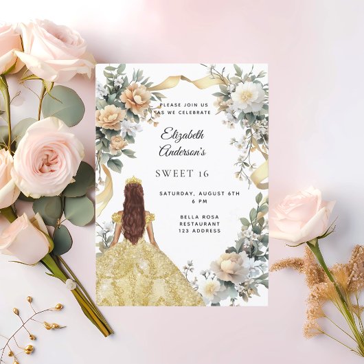 Sweet 16 Goldkleidung gelbe Florale Einladung