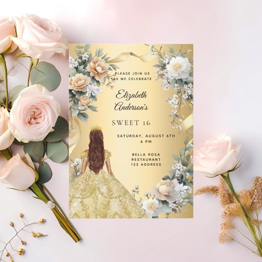 Sweet 16 Goldkleidung gelbe Florale Einladung