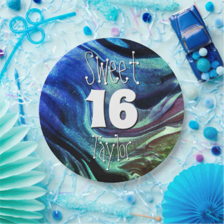 Sweet 16 Green & Blue Marble Personalized Pappteller