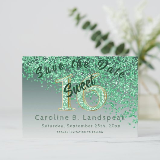 Sweet 16 Green Glitzer Stilvoller Glitzer Nr. 16 Save The Date (Stehend Vorderseite)