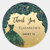 Sweet 16 green gold Kleid Danke Runder Aufkleber (Vorderseite)