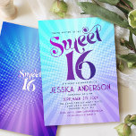 Sweet 16 Groovy Lila Blue Gradient Retro Boho Einladung<br><div class="desc">"Alles Gute zum 16. Geburtstag". Senden Sie diese coole boho Retro, personalisierte Party Einladung für eine Veranstaltung zu erinnern. Die trendige, fett lila und marineblaue Typografie mit moderner Sans-Serif-Typografie überlagert den Hintergrund von türkisfarbenen Pop und lila Ober-Farbradien mit weißen Punkten. Auf der Rückseite, eine weiße, süße 16 Grafik überlagert einen...</div>