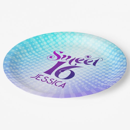Sweet 16 Groovy Lila Blue Gradient Retro Boho Pappteller (Schrägansicht)