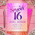 Sweet 16 Groovy Pink Orange Gradient Retro Boho Einladung<br><div class="desc">"Alles Gute zum 16. Geburtstag". Senden Sie diese coole boho Retro, personalisierte Party Einladung für eine Veranstaltung zu erinnern. Spaß, trendige, kühn dunkelrosa und lila Typografie mit moderner Sans Serif Typografie überlagern den Hintergrund von Pop-Lichtstrahlen in Orange- und Rosa-Ober-Farbradien mit weißen Punkten. Auf der Rückseite, eine weiße, süße 16 Grafik...</div>