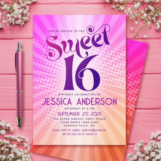 Sweet 16 Groovy Pink Orange Gradient Retro Boho Einladung
