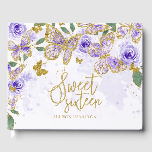 Sweet 16 Guest Book Gold Lila Butterfly Flora Gästebuch (Vorderseite)
