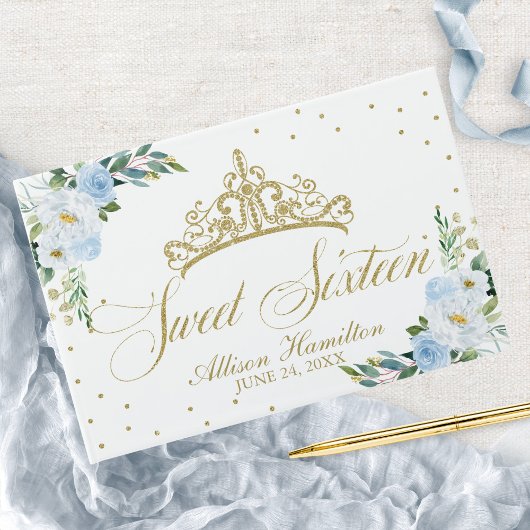 Sweet 16 Guest Book Gold Tiara Baby Blue Floral Gästebuch
