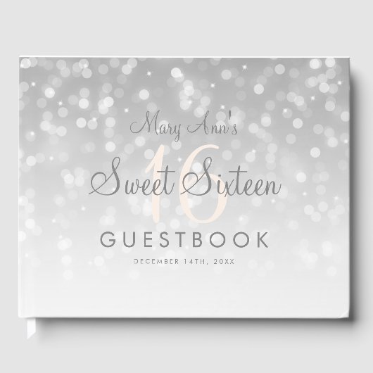 Sweet 16 Guestbook Silver Bokeh Sparkle Light Gästebuch (Vorderseite)