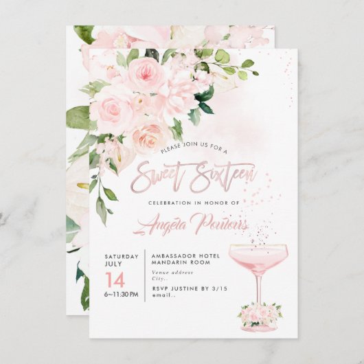 Sweet 16 H2 Blush Anthuriums Rose Peonies Einladung (Vorne/Hinten)