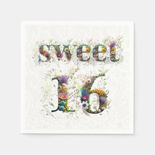 Sweet 16 Happy Birthday Wildblumen Text Serviette (Vorderseite)