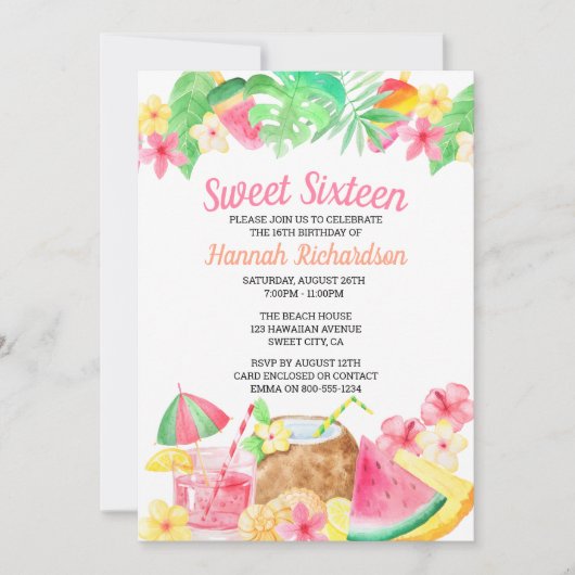 Sweet 16 Hawaiian Theme Watercolor Luau Party Einladung (Vorderseite)