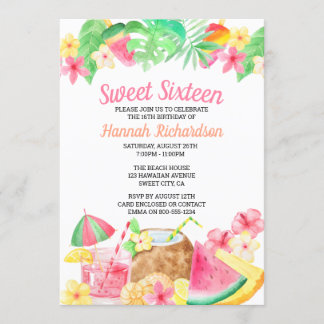Sweet 16 Hawaiian Theme Watercolor Luau Party Einladung