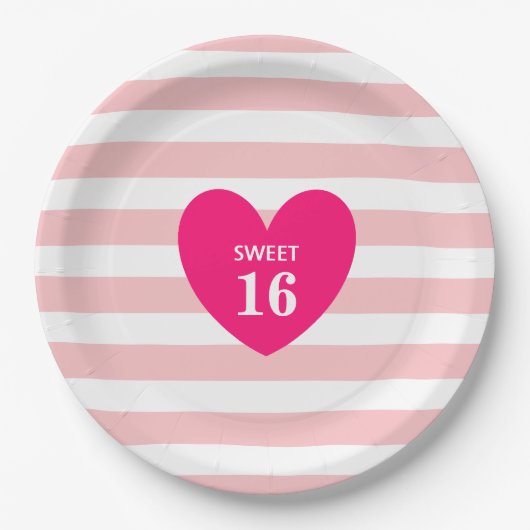 Sweet 16 Heart on Pink & White Striped Paper Plat Pappteller (Vorderseite)