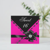 Sweet 16 Hot Pink Bow Black Birthday Party Einladung (Stehend Vorderseite)