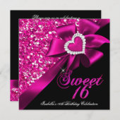 Sweet 16 Hot Pink Heart Bow Black Party Einladung (Vorne/Hinten)