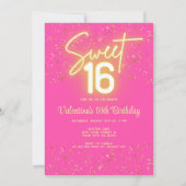  Sweet 16 Hot Pink Neon Glow Gold Glitter Birthday Einladung (Vorderseite)