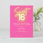  Sweet 16 Hot Pink Neon Glow Gold Glitter Birthday Einladung (Stehend Vorderseite)
