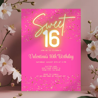  Sweet 16 Hot Pink Neon Glow Gold Glitter Birthday Einladung