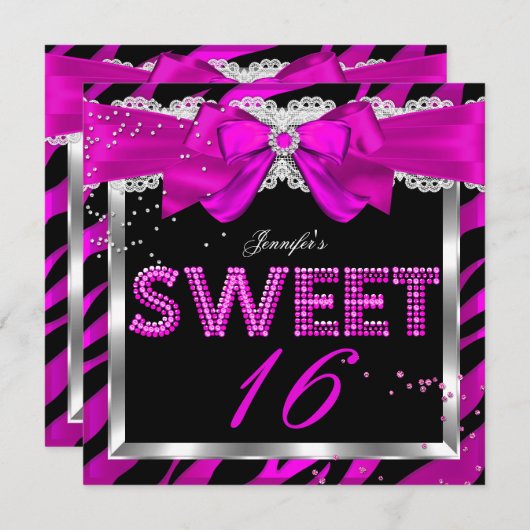 Sweet 16 Hot Pink Zebra Glitzer Glam Birthday Einladung (Vorne/Hinten)