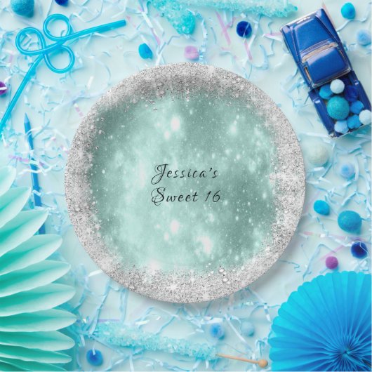Sweet 16 Hübsch Türkis Sparkle, Silver Glitzer Pappteller (Party)