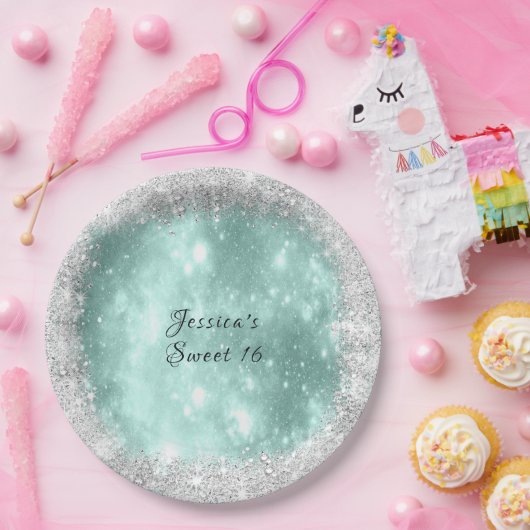 Sweet 16 Hübsch Türkis Sparkle, Silver Glitzer Pappteller (Party)