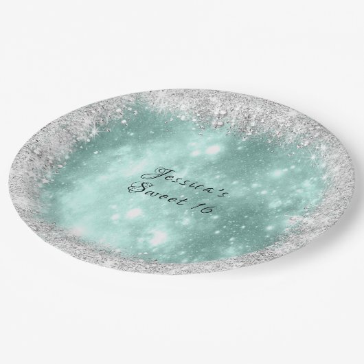 Sweet 16 Hübsch Türkis Sparkle, Silver Glitzer Pappteller (Schrägansicht)