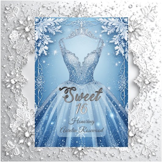 Sweet 16 Icy Blue Silver Winter Frost Snowflakes  Einladung