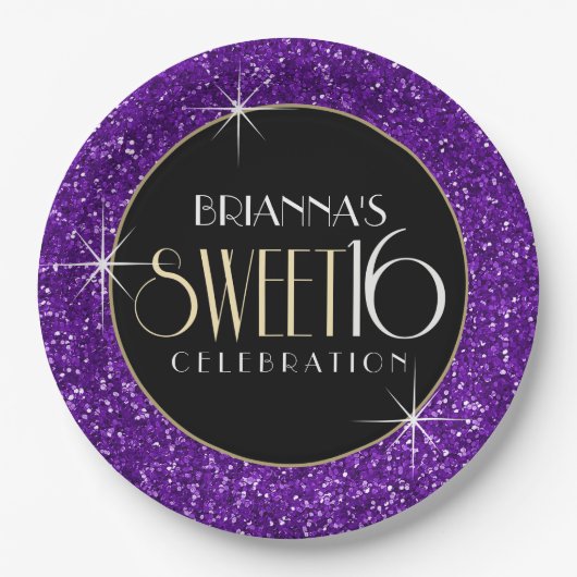 Sweet 16 Imitat Lila Glitzer Pappteller (Vorderseite)