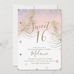 Sweet 16 Imitate Glitzer Dots Gold Feather Pink Einladung