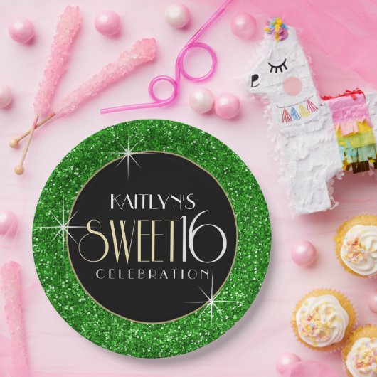 Sweet 16 Imitate Grüner Glitzer Pappteller (Party)