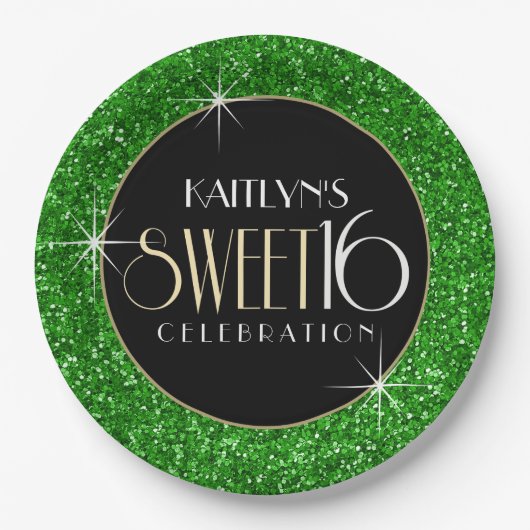 Sweet 16 Imitate Grüner Glitzer Pappteller (Vorderseite)