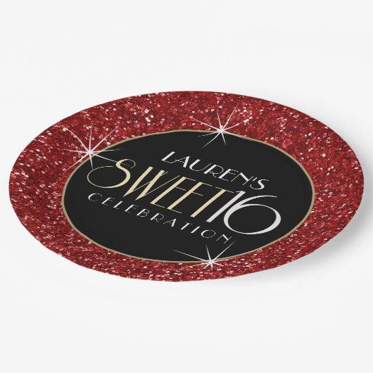 Sweet 16 Imitate Roter Glitzer Pappteller (Schrägansicht)