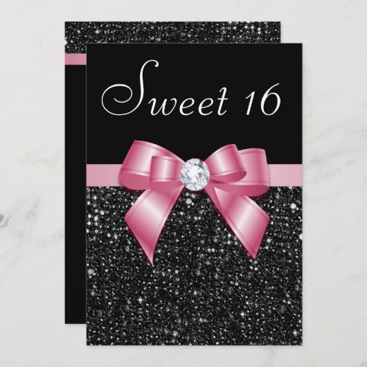Sweet 16 Imitats Sequins Diamonds Bow Black Pink Einladung (Vorne/Hinten)