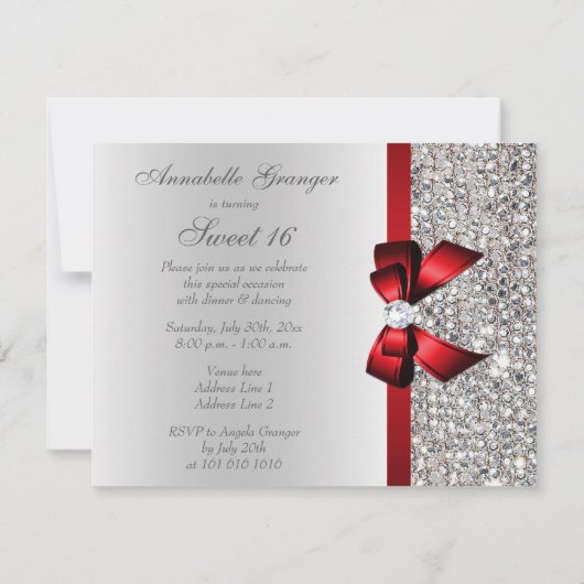 Sweet 16 Imitats Silver Sequins Diamonds Red Bow Einladung (Rückseite)