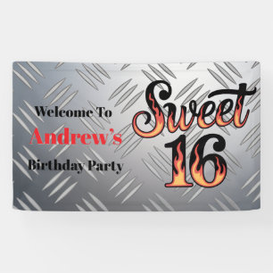 Sweet 16 in Feuerflammen und Silberplatte  Banner